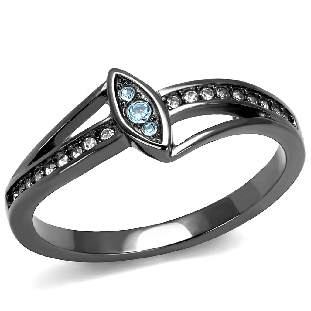 TK3260 - IP Light Black  (IP Gun) Stainless Steel Ring with Top Grade Crystal  in Sea Blue