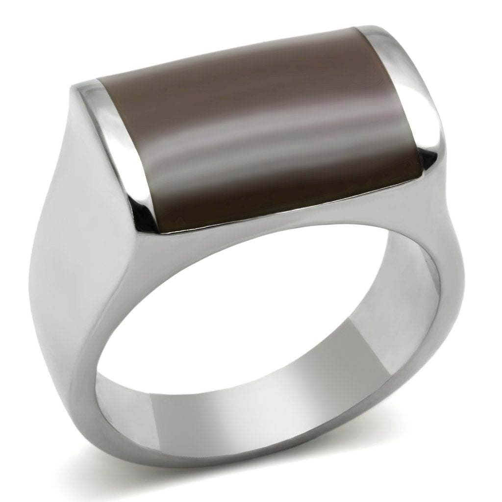 TK327 - High polished (no plating) Stainless Steel Ring with Epoxy  in Brown