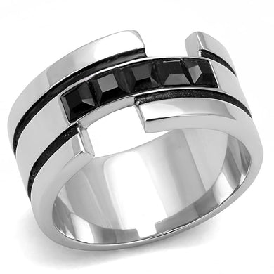 TK3284 - High polished (no plating) Stainless Steel Ring with Top Grade Crystal  in Jet