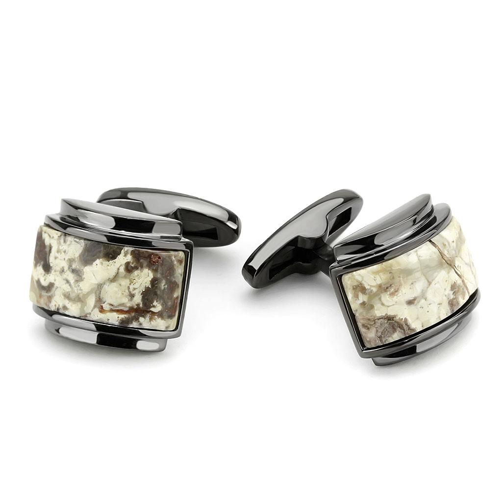 TK3290 - IP Light Black  (IP Gun) Stainless Steel Cufflink with Semi-Precious Oligoclase in Animal pattern