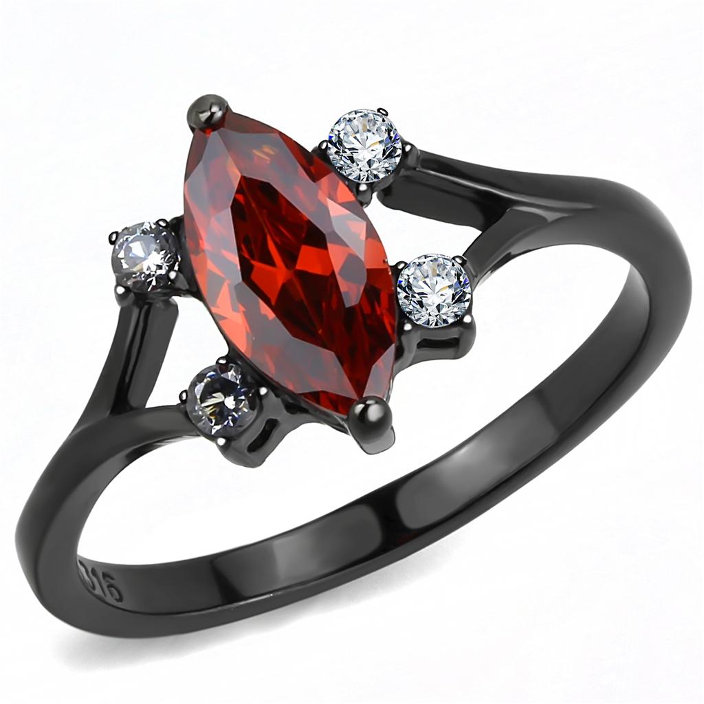 TK3445 - IP Black(Ion Plating) Stainless Steel Ring with AAA Grade CZ  in Garnet