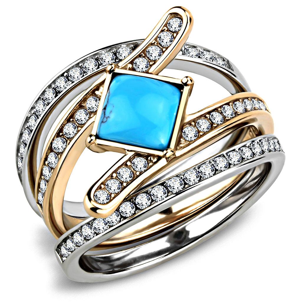 TK3519 - Two-Tone IP Rose Gold Stainless Steel Ring with Synthetic Turquoise in Sea Blue