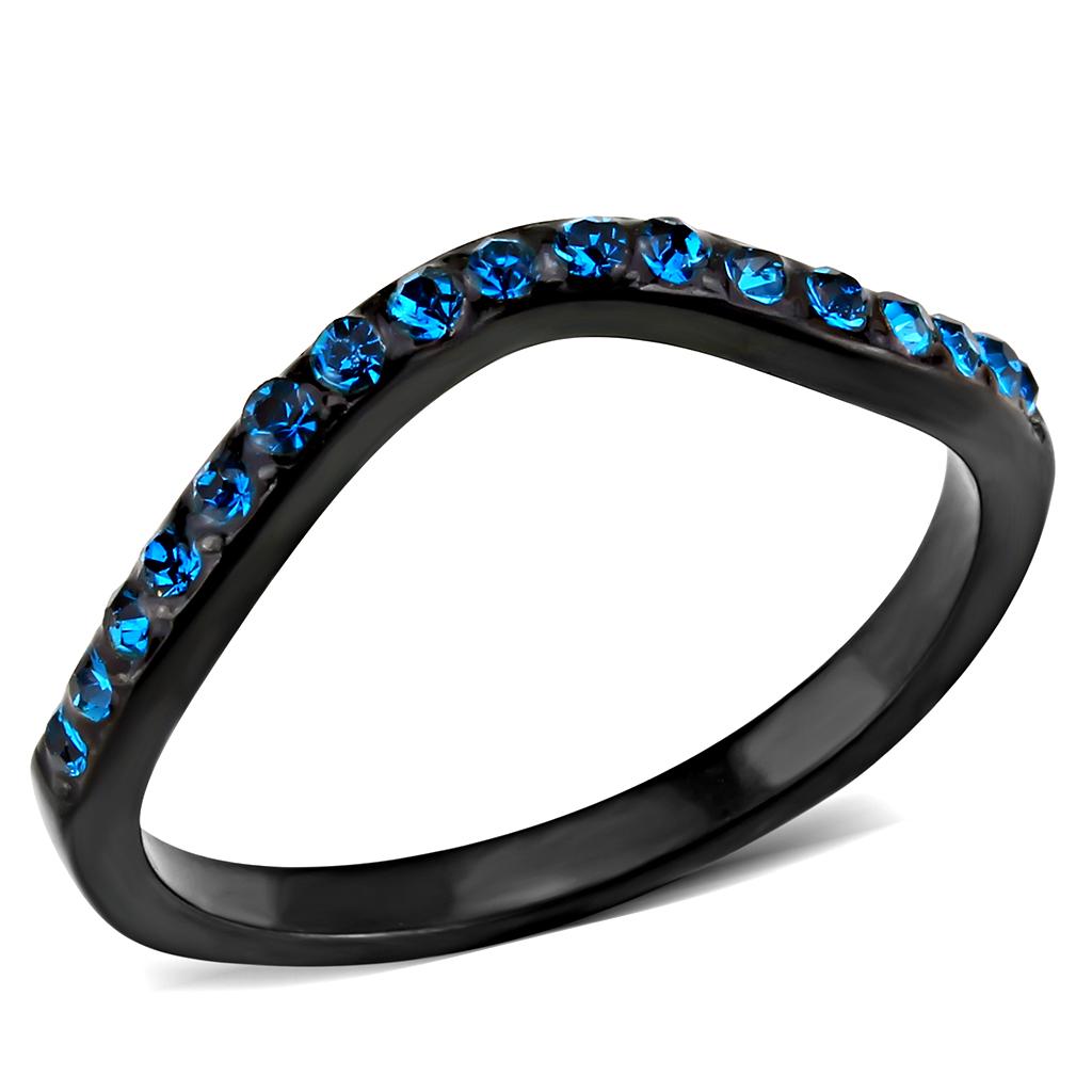 TK3557 - IP Black(Ion Plating) Stainless Steel Ring with Top Grade Crystal  in Blue Zircon