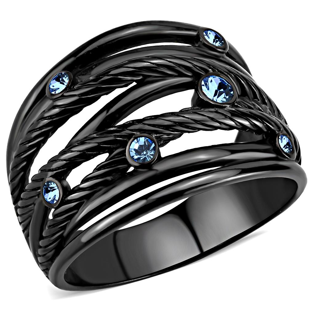 TK3564 - IP Black(Ion Plating) Stainless Steel Ring with Top Grade Crystal  in Sea Blue