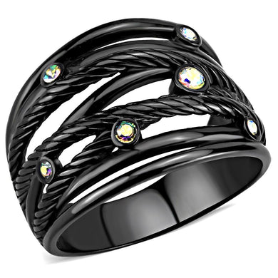 TK3566 - IP Black(Ion Plating) Stainless Steel Ring with Top Grade Crystal  in Aurora Borealis (Rainbow Effect)