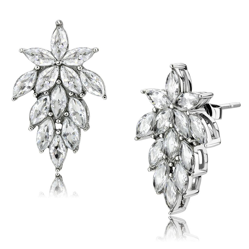 TK3654 - High polished (no plating) Stainless Steel Earrings with AAA Grade CZ  in Clear