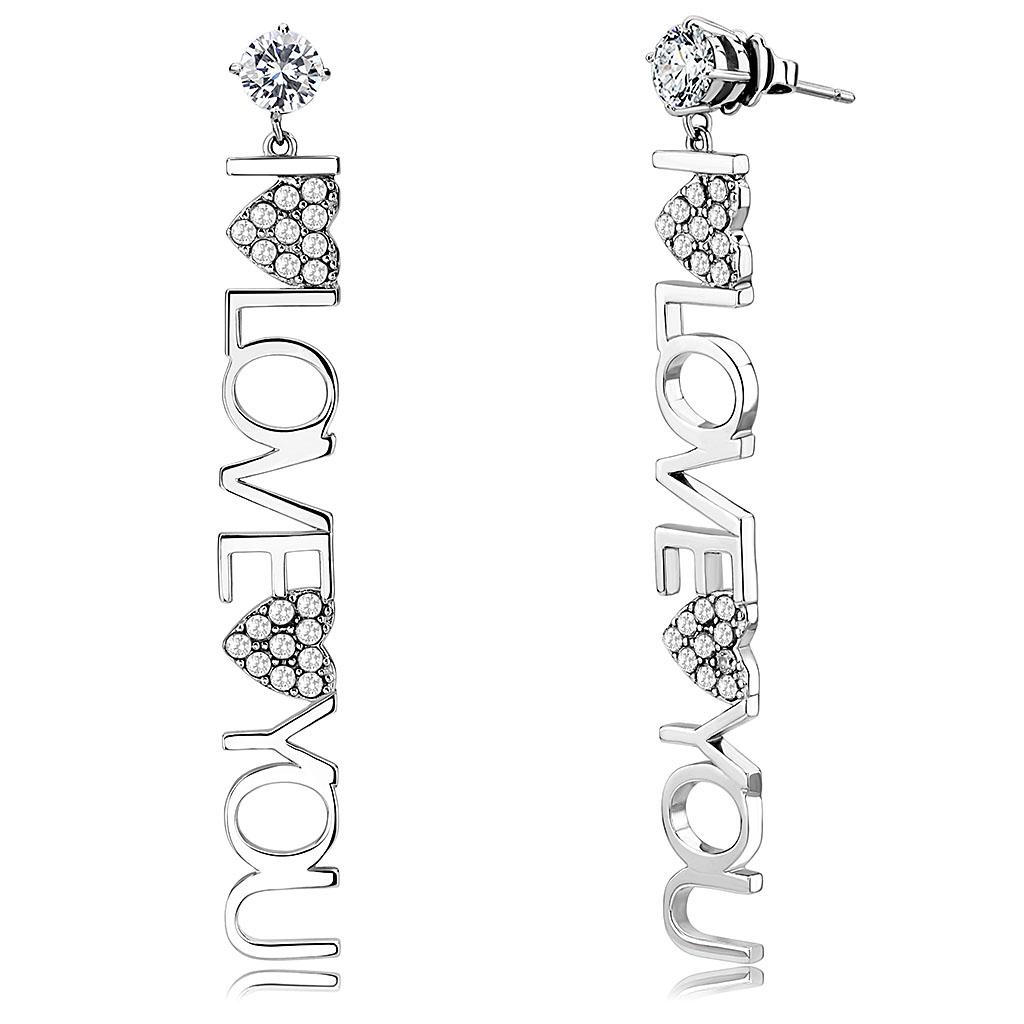 TK3665 - High polished (no plating) Stainless Steel Earrings with AAA Grade CZ  in Clear