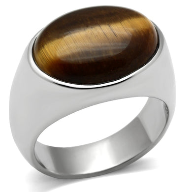 TK378 - High polished (no plating) Stainless Steel Ring with Semi-Precious Tiger Eye in Topaz