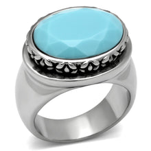 Load image into Gallery viewer, TK525 - High polished (no plating) Stainless Steel Ring with Synthetic Synthetic Glass in Sea Blue