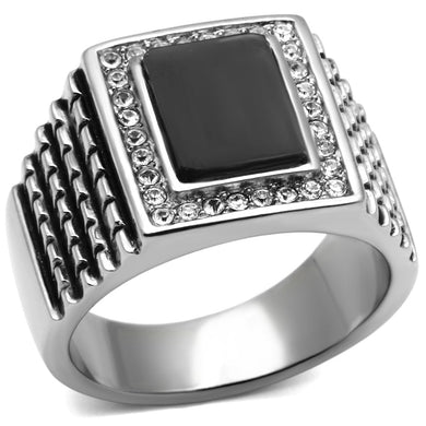 TK592 - High polished (no plating) Stainless Steel Ring with Synthetic Synthetic Stone in Jet