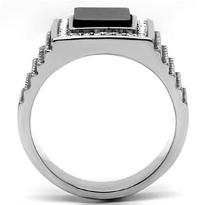 TK592 - High polished (no plating) Stainless Steel Ring with Synthetic Synthetic Stone in Jet