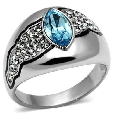 TK659 - High polished (no plating) Stainless Steel Ring with Top Grade Crystal  in Sea Blue