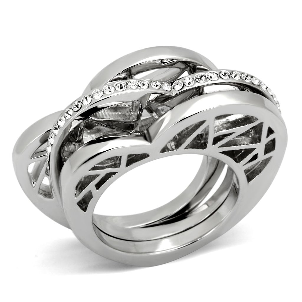 TK864 - High polished (no plating) Stainless Steel Ring with Top Grade Crystal  in Clear