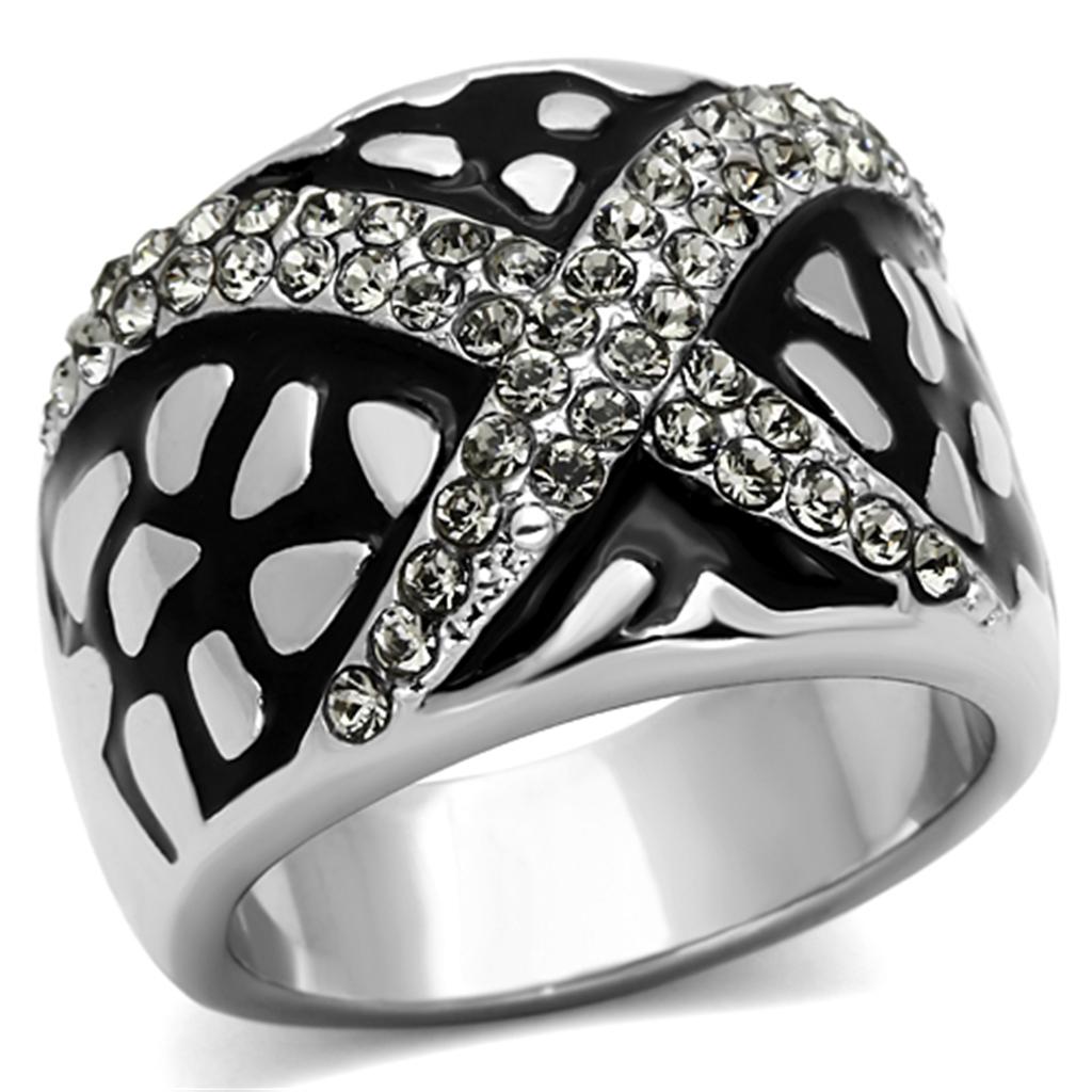 TK921 - High polished (no plating) Stainless Steel Ring with Top Grade Crystal  in Black Diamond