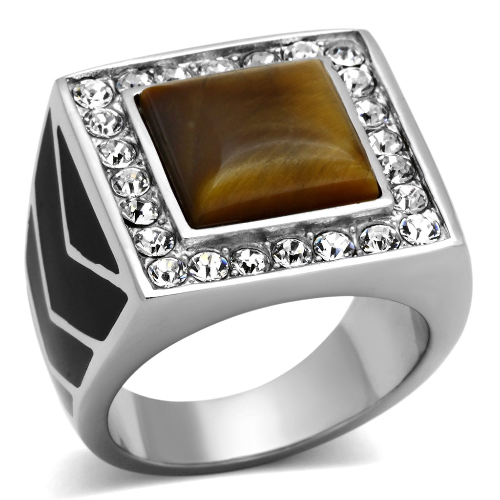 TK938 - High polished (no plating) Stainless Steel Ring with Synthetic Tiger Eye in Topaz