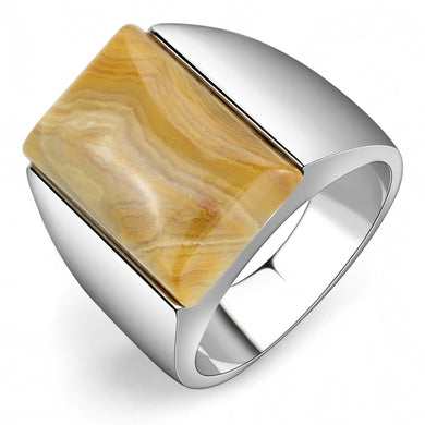 TK947 - High polished (no plating) Stainless Steel Ring with Semi-Precious Agate in Brown