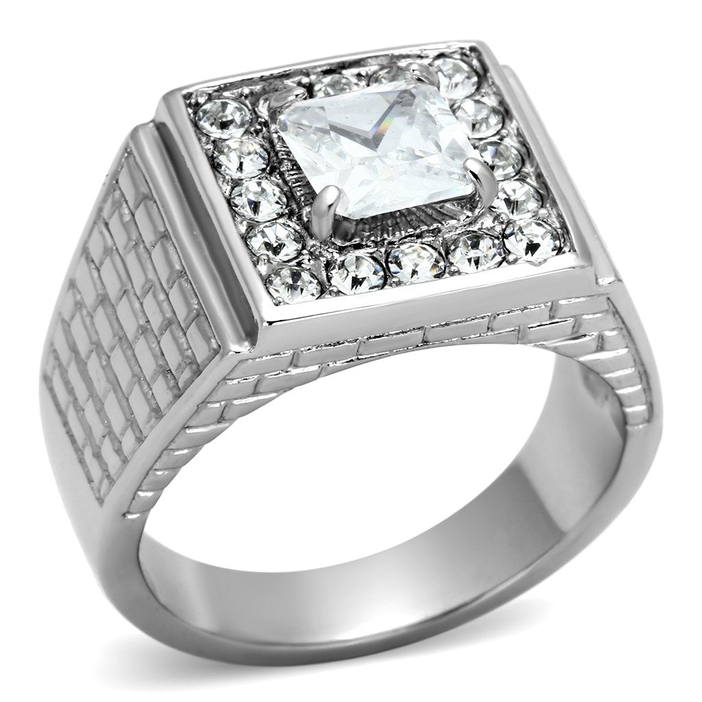 TK955 - High polished (no plating) Stainless Steel Ring with AAA Grade CZ  in Clear