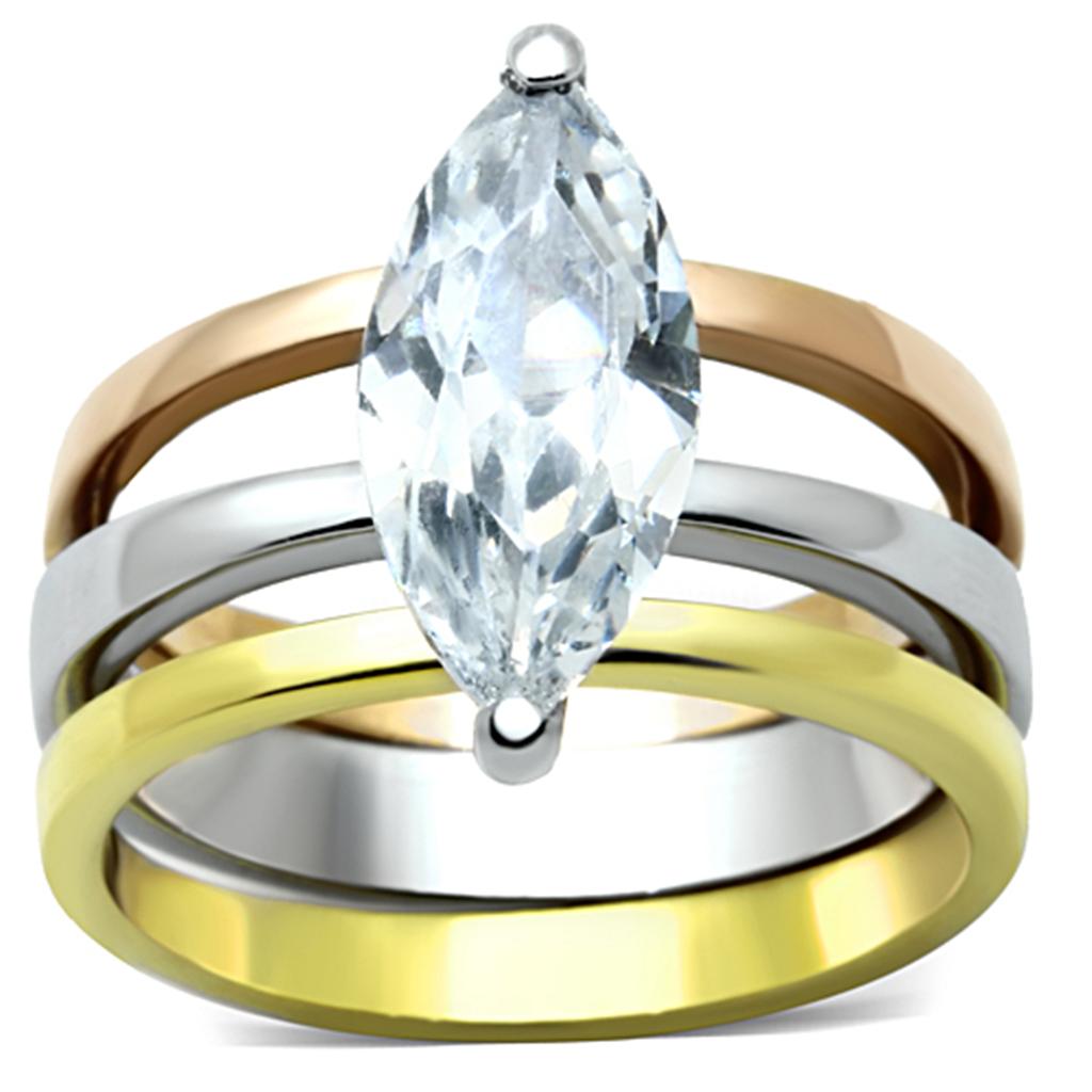 TK964 - Three Tone (IP Gold & IP Rose Gold & High Polished) Stainless Steel Ring with AAA Grade CZ  in Clear