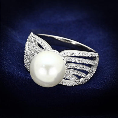 TS169 - Rhodium 925 Sterling Silver Ring with Synthetic Pearl in White