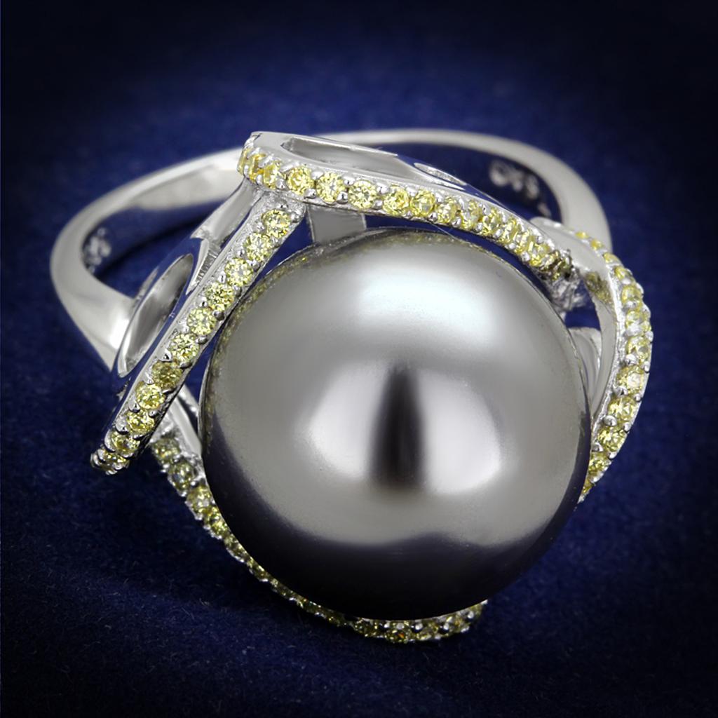 TS318 - Rhodium 925 Sterling Silver Ring with Synthetic Pearl in Gray