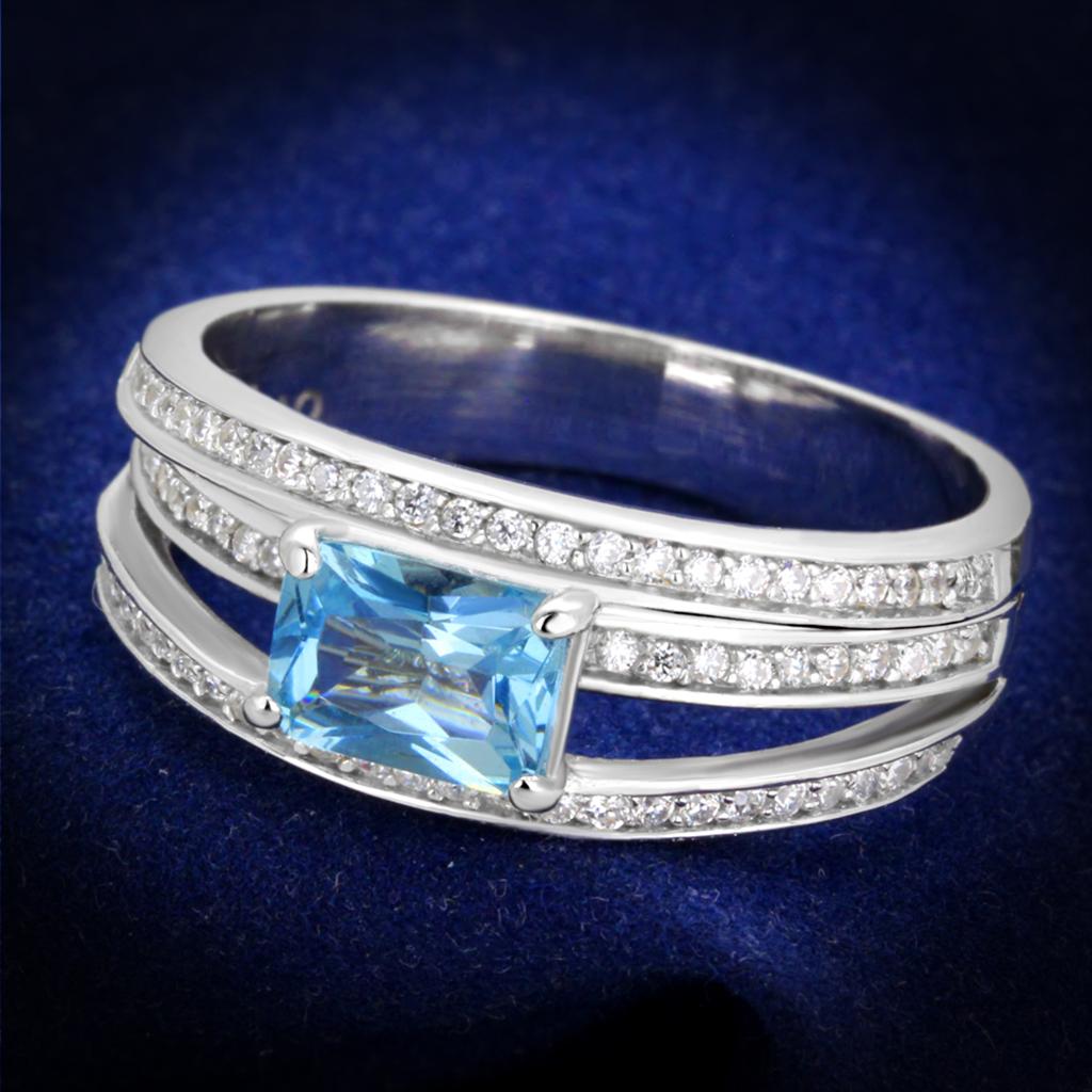 TS344 - Rhodium 925 Sterling Silver Ring with Synthetic Synthetic Glass in Sea Blue