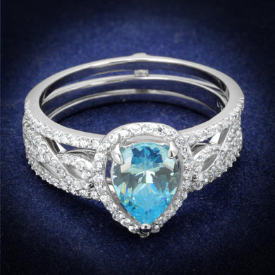 TS453 - Rhodium 925 Sterling Silver Ring with AAA Grade CZ  in Sea Blue