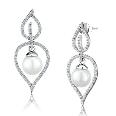 TS510 - Rhodium 925 Sterling Silver Earrings with Semi-Precious Glass Bead in White