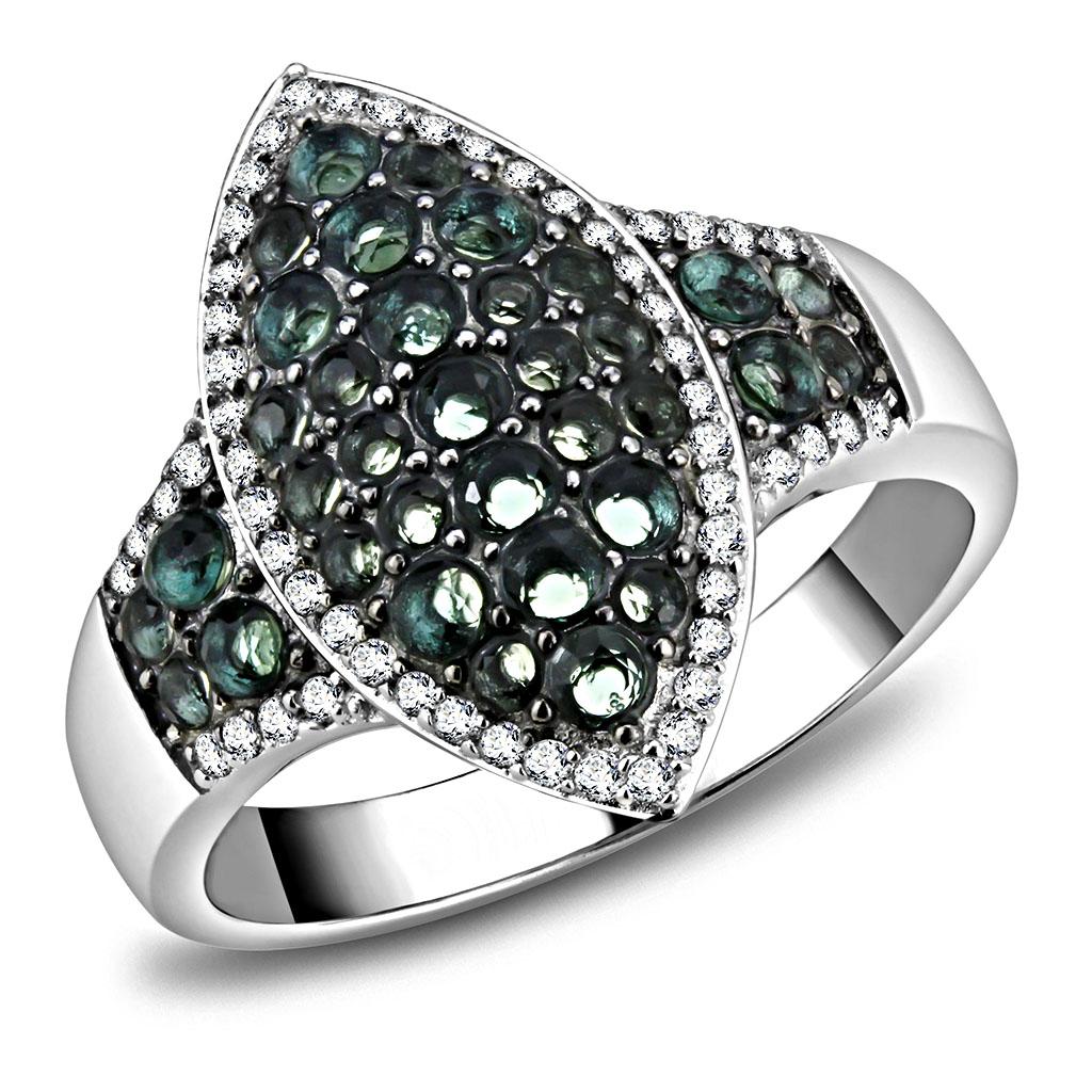 TS614 - Rhodium + Ruthenium 925 Sterling Silver Ring with Synthetic Synthetic Glass in Blue Zircon