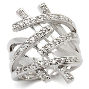 0W061 - Rhodium Brass Ring with AAA Grade CZ  in Clear