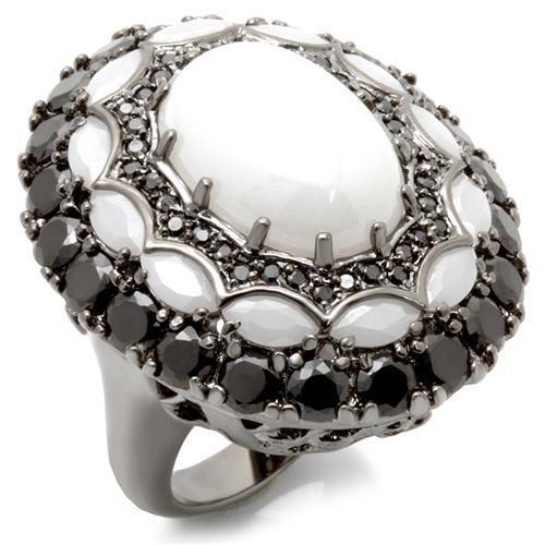 0W213 - Ruthenium Brass Ring with Milky CZ  in White