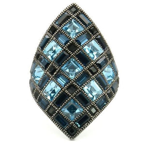 0W235 - Ruthenium Brass Ring with Top Grade Crystal  in Sea Blue