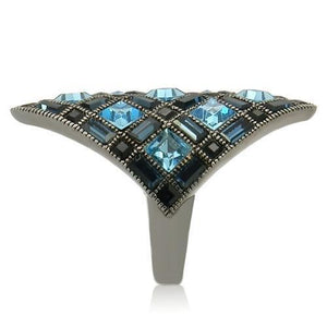 0W235 - Ruthenium Brass Ring with Top Grade Crystal  in Sea Blue