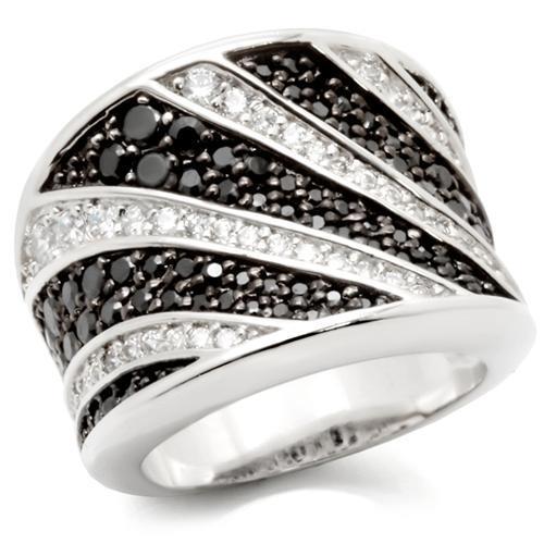 0W242 - Rhodium + Ruthenium Brass Ring with AAA Grade CZ  in Jet