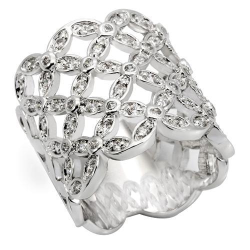0W267 - Rhodium Brass Ring with AAA Grade CZ  in Clear