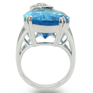0W343 - Rhodium Brass Ring with Synthetic Synthetic Glass in Sea Blue
