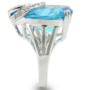 0W343 - Rhodium Brass Ring with Synthetic Synthetic Glass in Sea Blue