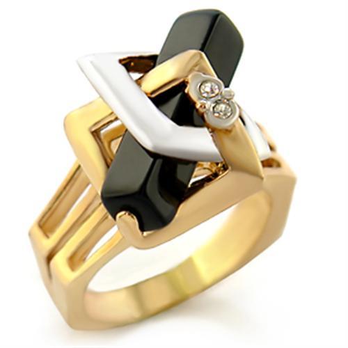 10108 - Gold+Rhodium Brass Ring with Semi-Precious Onyx in Jet
