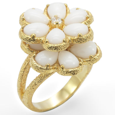 1W045 - Gold Brass Ring with Synthetic Synthetic Glass in White