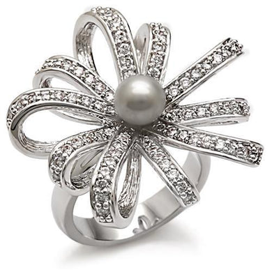 1W093 - Rhodium Brass Ring with Synthetic Pearl in Gray