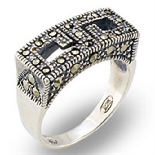 31002 - Antique Tone 925 Sterling Silver Ring with Semi-Precious Marcasite in Jet