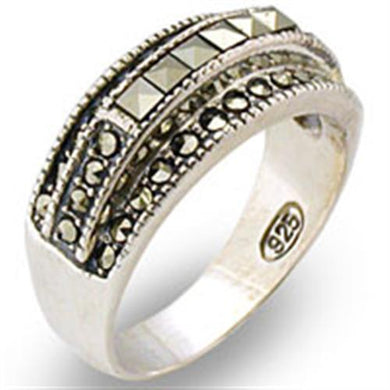 31011 - Antique Tone 925 Sterling Silver Ring with Semi-Precious Marcasite in Jet