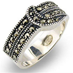 31017 - Antique Tone 925 Sterling Silver Ring with Semi-Precious Marcasite in Jet