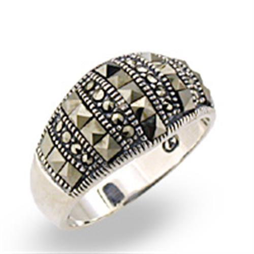 32306 - Antique Tone 925 Sterling Silver Ring with Semi-Precious Marcasite in Jet