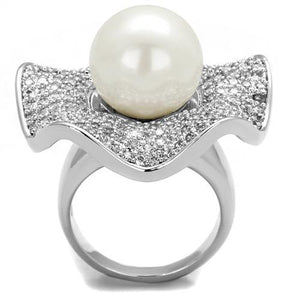 3W1080 - Rhodium Brass Ring with Synthetic Pearl in White