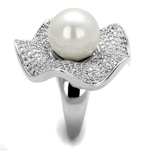 3W1080 - Rhodium Brass Ring with Synthetic Pearl in White