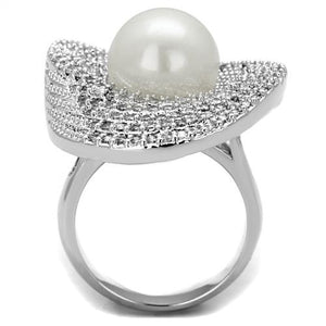 3W1082 - Rhodium Brass Ring with Synthetic Pearl in White