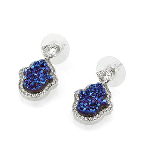 3W1723E -  Imitation Rhodium+E-coating Brass Earring with Druzy in Capri Blue