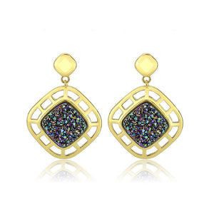3W1724E - Flash Gold+E-coating Brass Earring with Druzy in Purple Series