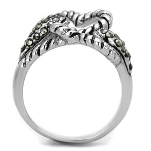 3W608 - Rhodium Brass Ring with Synthetic Marcasite in Black Diamond
