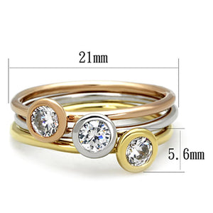 3W804 - Rhodium + Gold + Rose Gold Brass Ring with AAA Grade CZ  in Clear